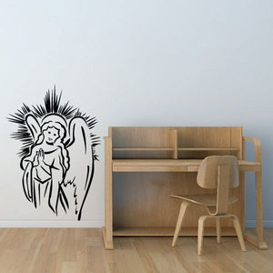 Black angel wall decal with halo and radiating rays, kneeling child