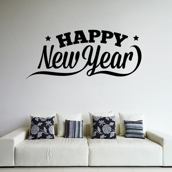 Happy New Year wall decal with black lettering and ribbon underline, star accents