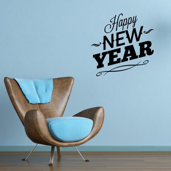 Happy New Year slant style wall decal, black lettering with script accents