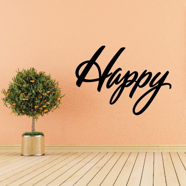 Happy cursive wall vinyl decal in black