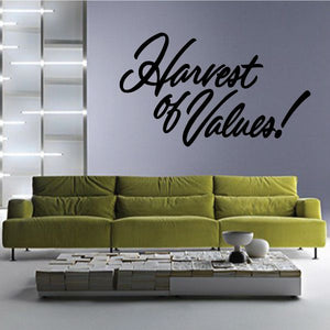 Black vinyl wall decal text: Harvest of Values!