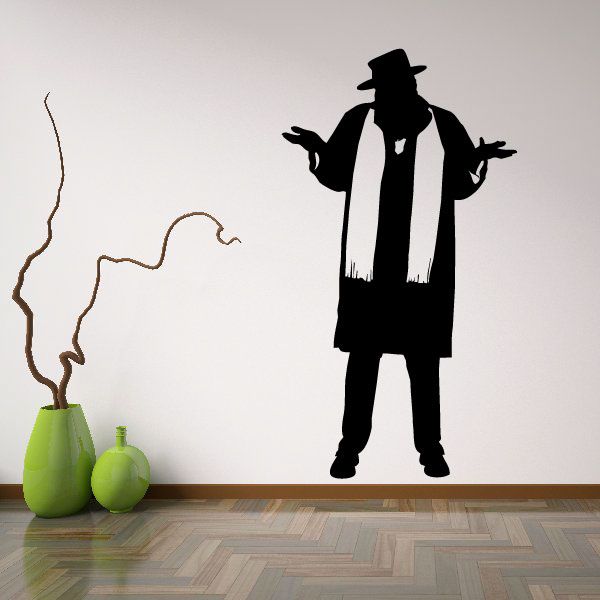 Rabbi decal featuring a black standing silhouette with hat and long coat, arms out