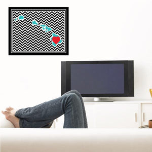 Chevron Hawaii sticker with black and white zigzag and teal/red heart island
