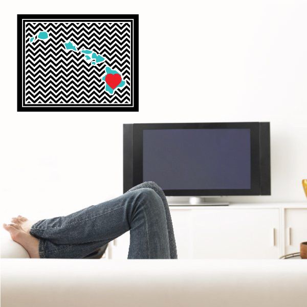 Chevron Hawaii sticker with black and white zigzag and teal/red heart island