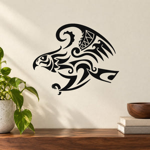 Black tribal attacking hawk wall decal, stylized head with outstretched talons