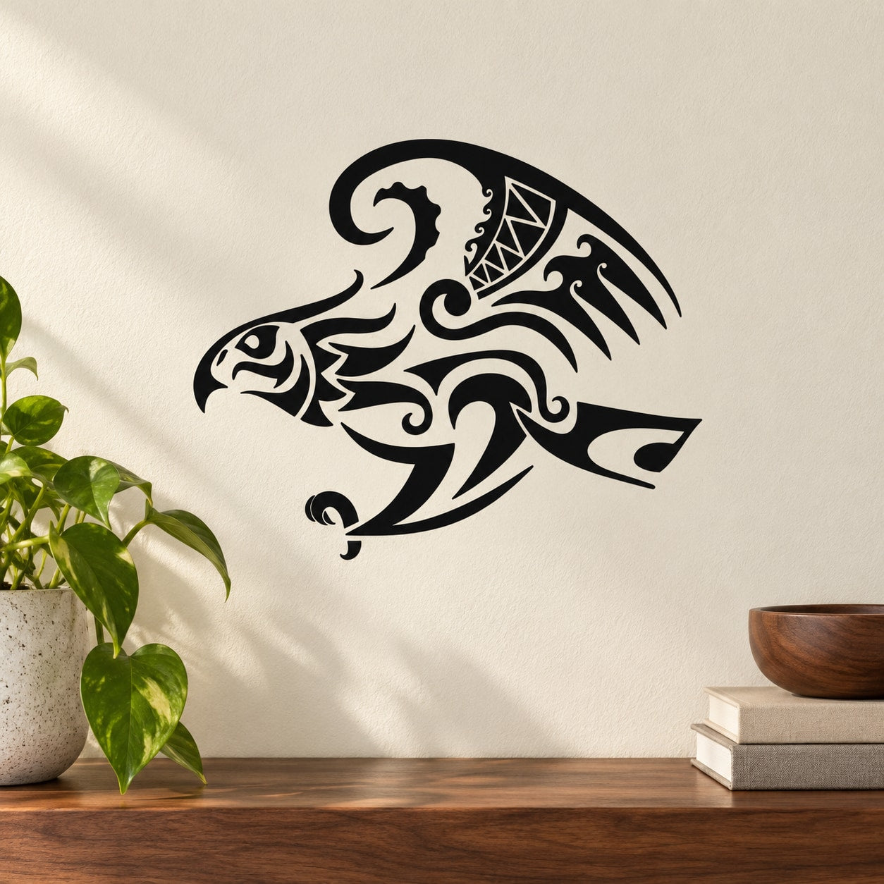 Black tribal attacking hawk wall decal, stylized head with outstretched talons