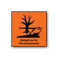 Hazard safety sticker: orange sign with black tree symbol and 'Dangerous for the environment'