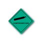Hazardous sign decal, green diamond with black bar and text “COMPRESSED GAS”.