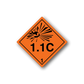 Hazard safety warning sticker: orange diamond with radiation symbol and 1.1C text