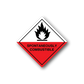 Hazardous safety sign sticker: red diamond with flame icon and text 'SPONTANEOUSLY COMBUSTIBLE'