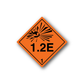 Hazard warning sticker: orange diamond with black radiation symbol and text 1.2E