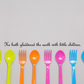 Wall decal with cursive Bible quote and colorful utensil icons in yellow, orange, pink, and blue.