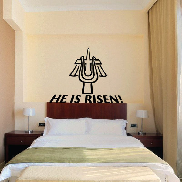 He is risen wall decal with church cross and bold black lettering