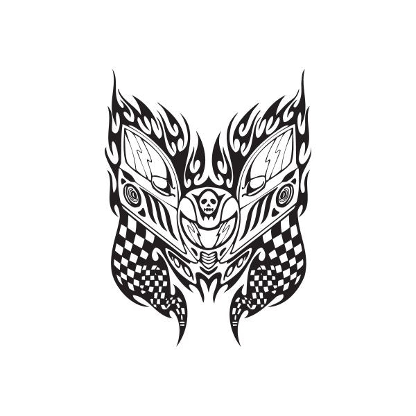 Headlight face flames decal with black-and-white tribal flame pattern