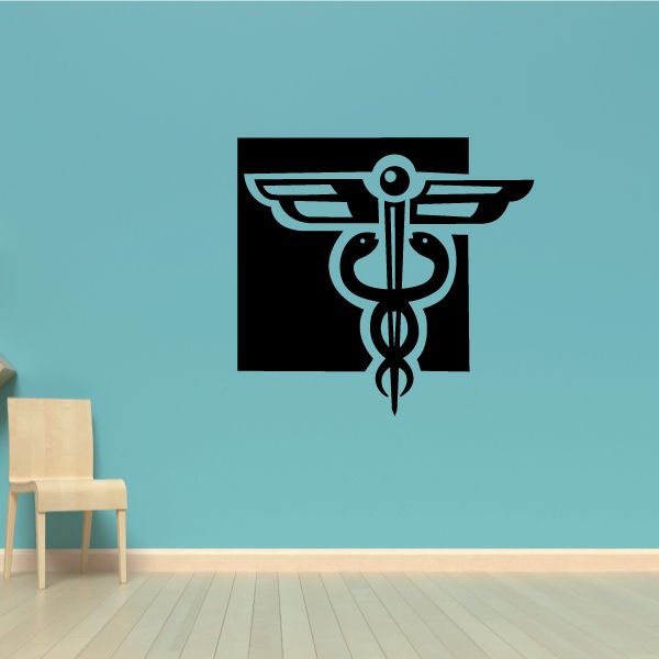 Caduceus healthcare wall decal with winged medical symbol on black square
