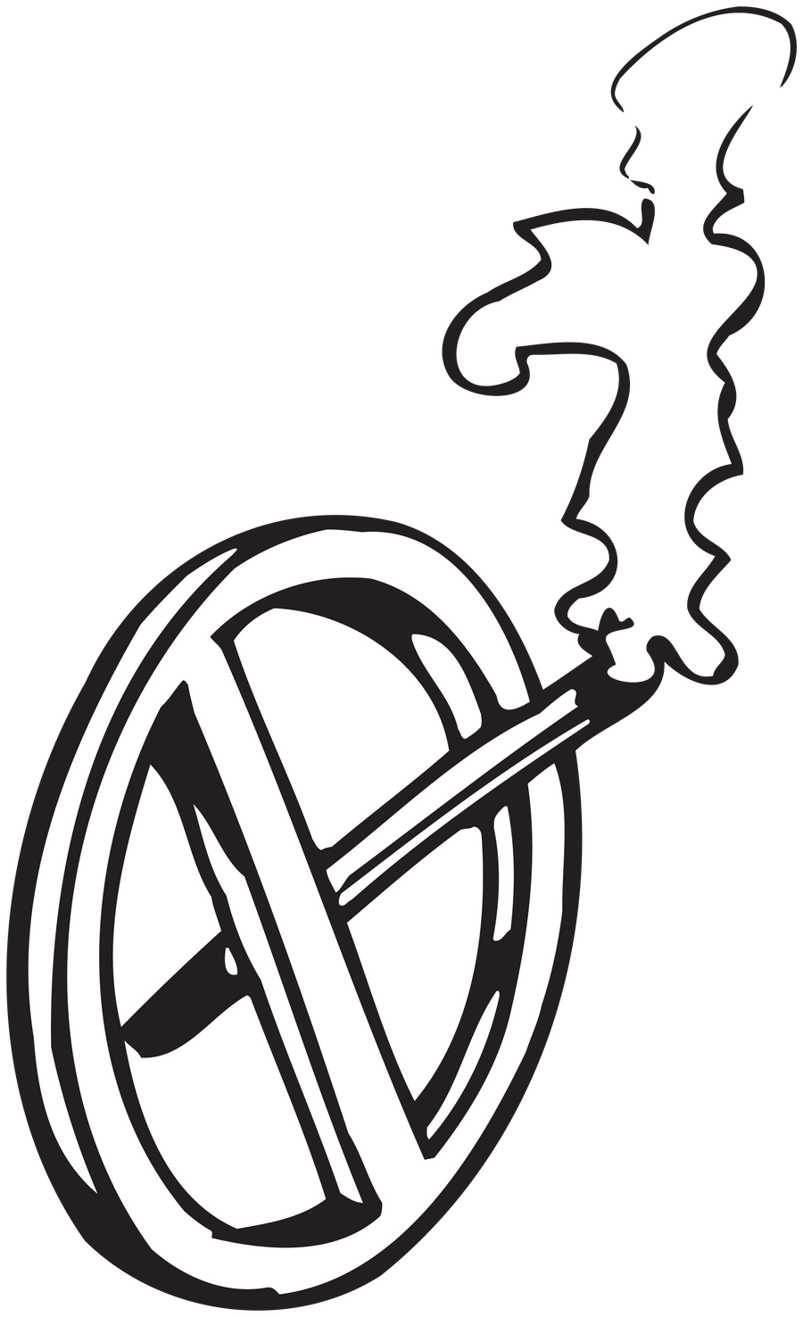 Black line-art sticker with circular emblem and abstract face-like profile