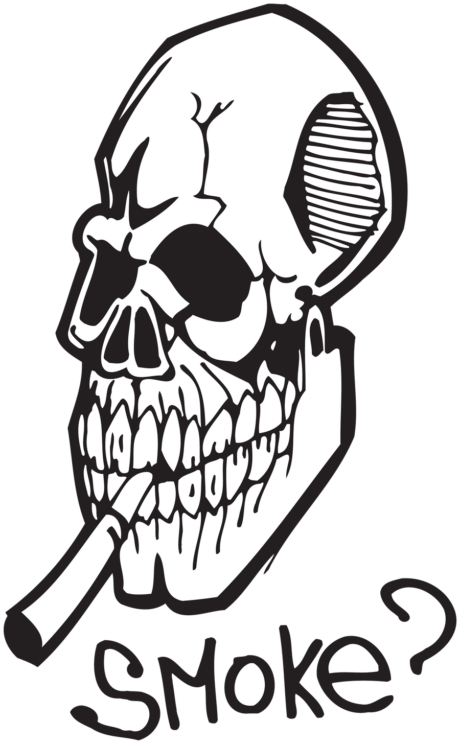 Black-and-white skull smoking cigar sticker with "Smoke?" text