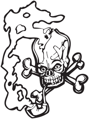 Skull-themed outline sticker in black and white, with flame and bone details