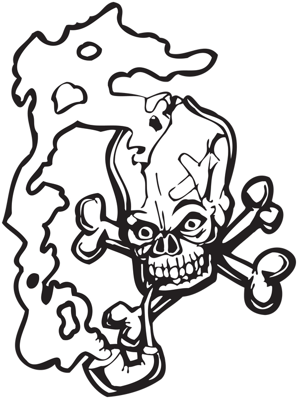 Skull-themed outline sticker in black and white, with flame and bone details