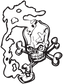 Skull-themed outline sticker in black and white, with flame and bone details
