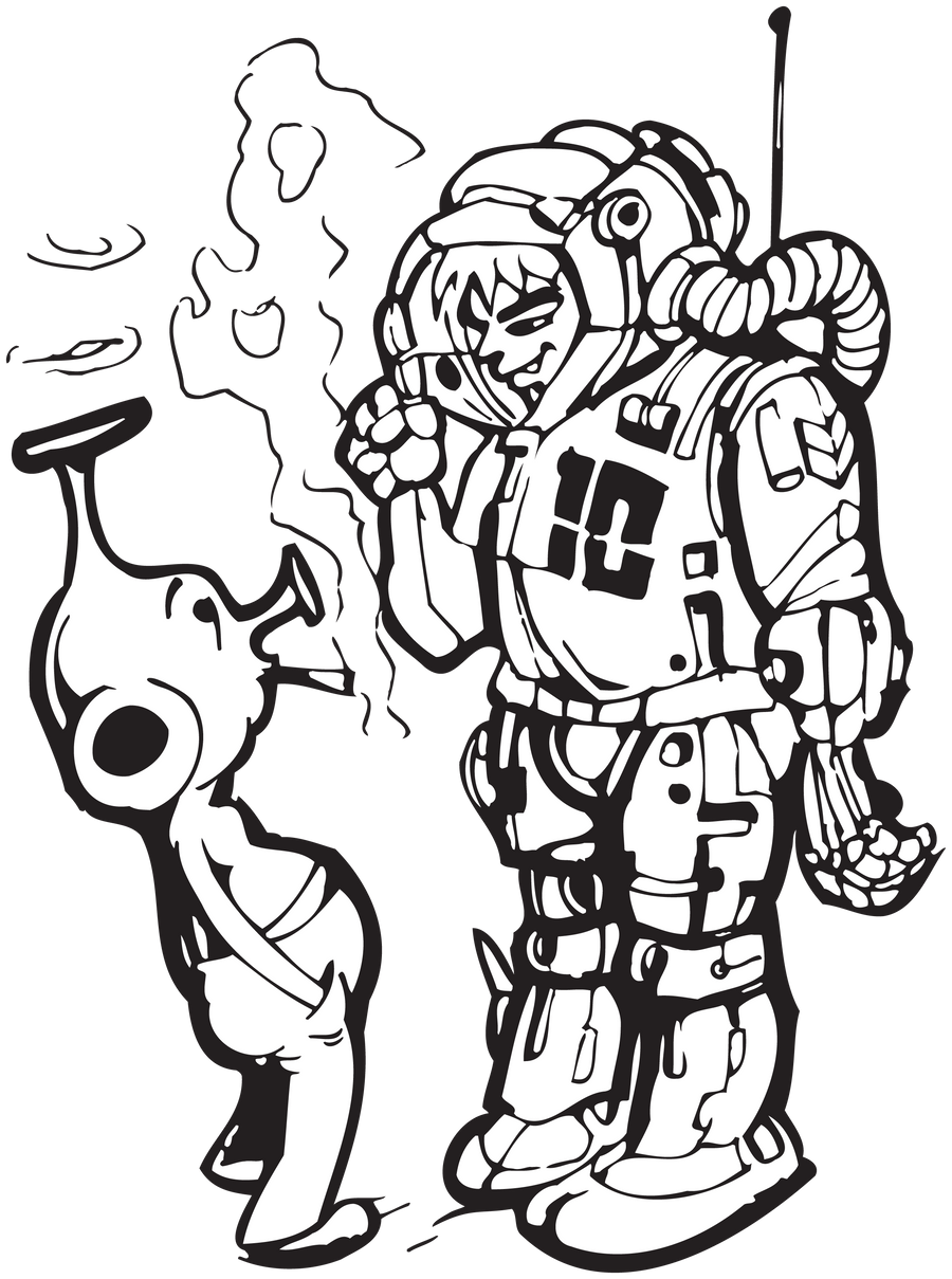 Space astronaut sticker with helmet and backpack, monochrome line art design