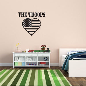 Heart-shaped wall decal with U.S. flag and "THE TROOPS" text