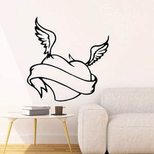 Heart with wings banner vinyl decal, black outline