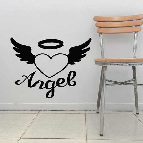 Black heart with wings and cursive Angel decal