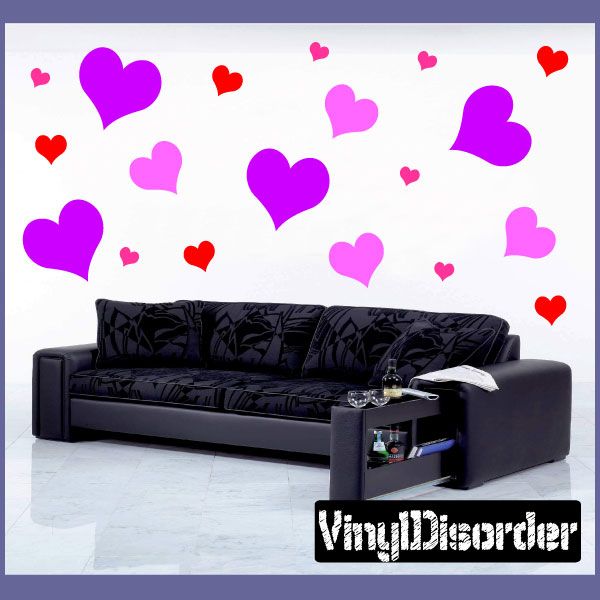 Heart wall decal set with purple and red hearts