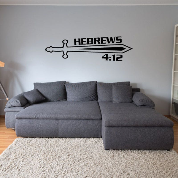 Bible verse wall decal with 'HEBREWS 4:12' text and sword icon