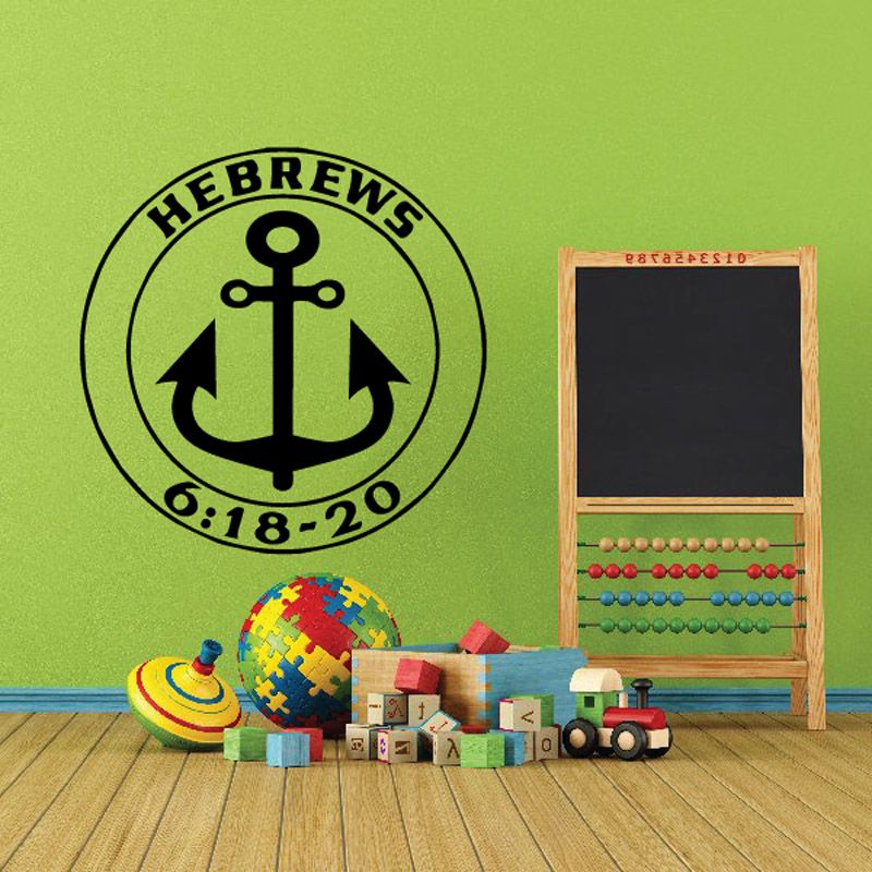 Bible verse decal: circular black anchor with 'Hebrews 6:18-20' text