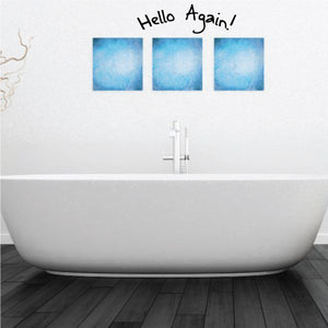 Toilet wall decal reading “Hello Again” with three blue squares