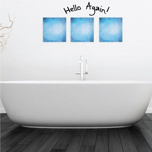 Toilet wall decal reading “Hello Again” with three blue squares