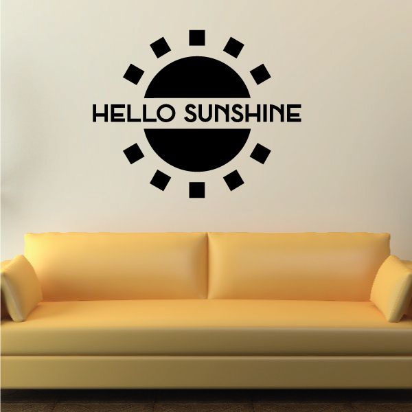 Black sunburst wall decal with 'HELLO SUNSHINE' lettering