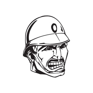 Helmeted officer face decal with black-and-white graphic, grinning expression