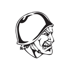 Helmeted soldier face decal, black and white skull-style illustration