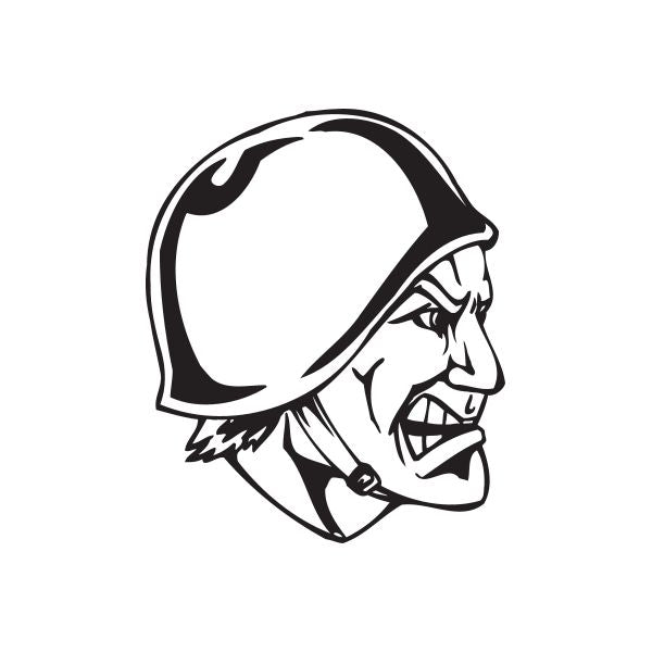 Helmeted soldier face decal, black and white skull-style illustration