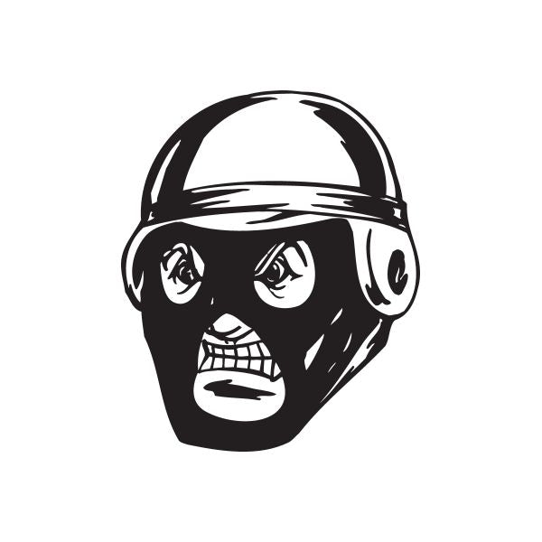 Helmeted soldier face decal, helmet and black mask graphic