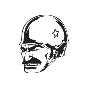Helmeted soldier decal with mustache, black and white face graphic