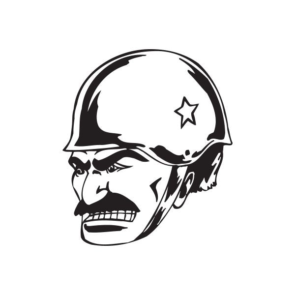 Helmeted soldier decal with mustache, black and white face graphic