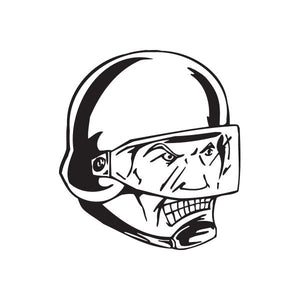 Helmeted soldier face decal with visor, black and white skull in helmet