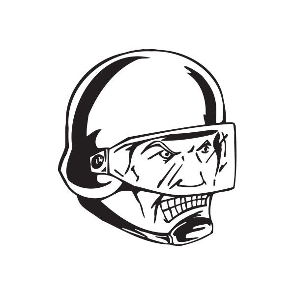 Helmeted soldier face decal with visor, black and white skull in helmet