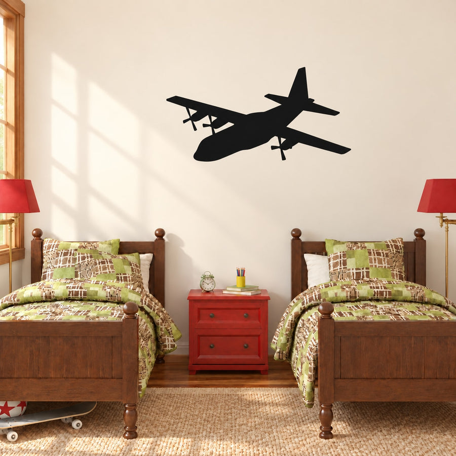 Black four-engine transport aircraft wall decal in three-quarter silhouette