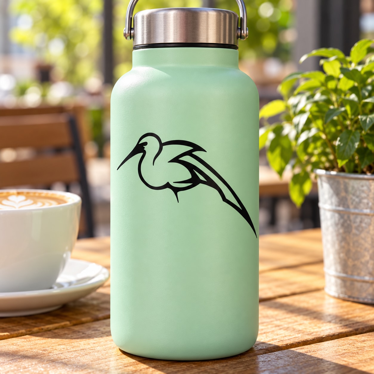 Black swooping heron decal on a mint-colored water bottle