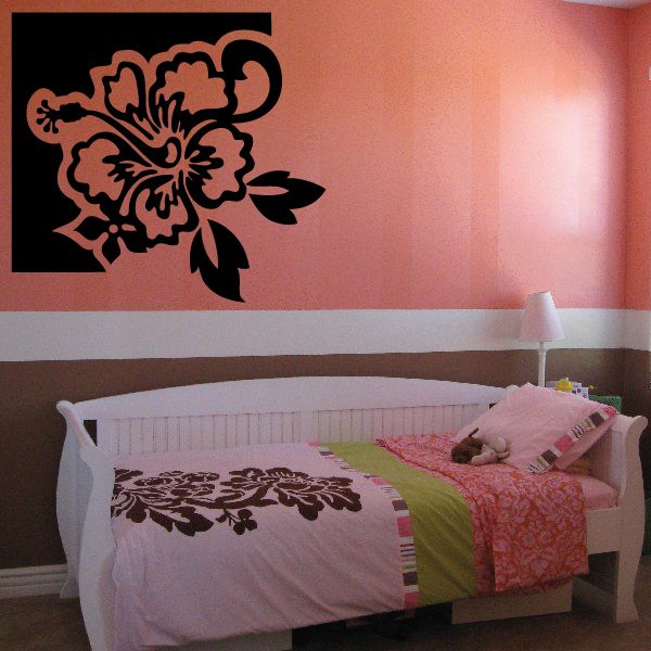 Hibiscus flower wall decal, black floral design with leaves