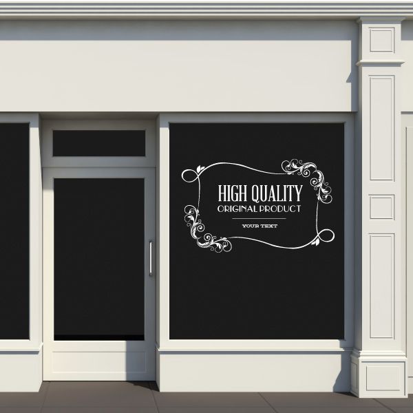 Vinyl wall decal with ornate frame and white text on dark background