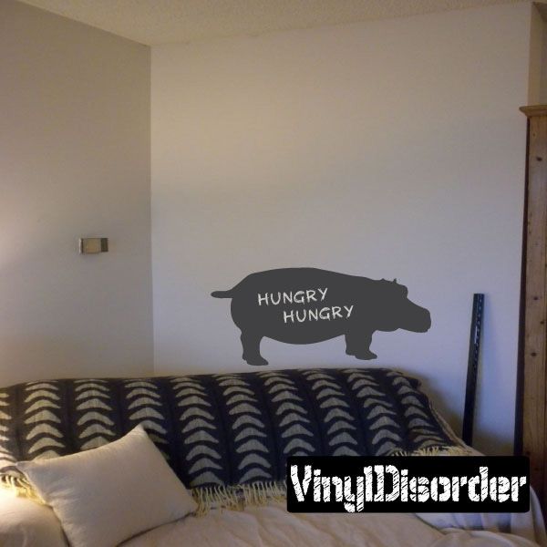 Hippo chalkboard decal: dark hippo silhouette with 'HUNGRY' text
