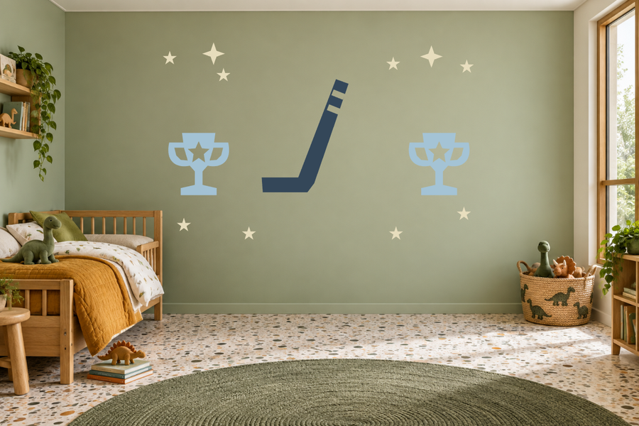 Hockey wall decal kit with trophy icons, hockey stick, and star stickers in light blue