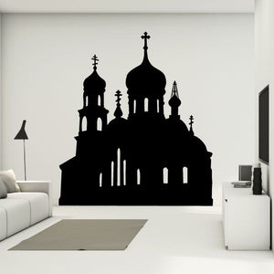 Black church silhouette wall decal with domed towers and cross