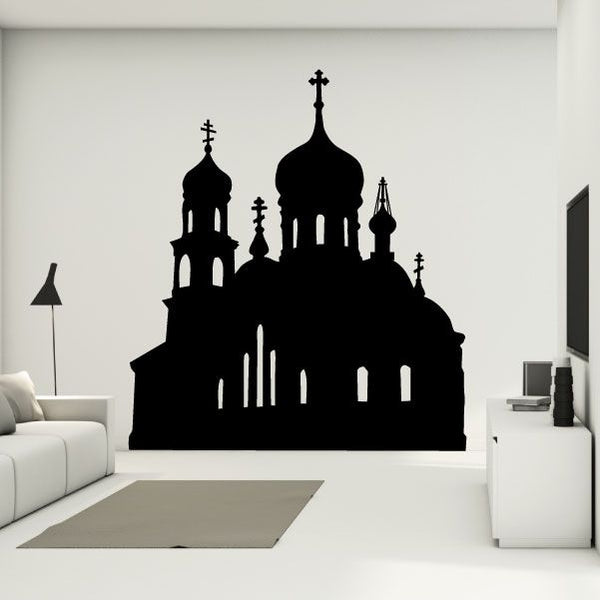 Black church silhouette wall decal with domed towers and cross